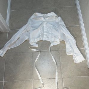 White cropped button down wrap shirt